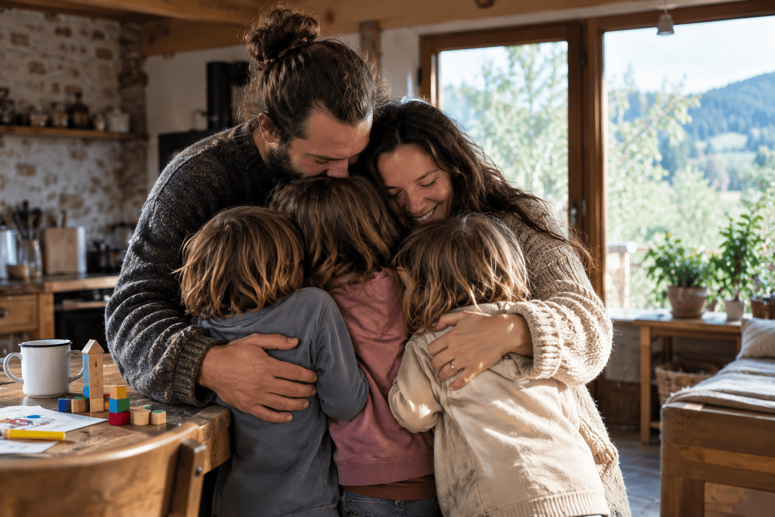 Abbraccio familiare all'interno di una casa rustica