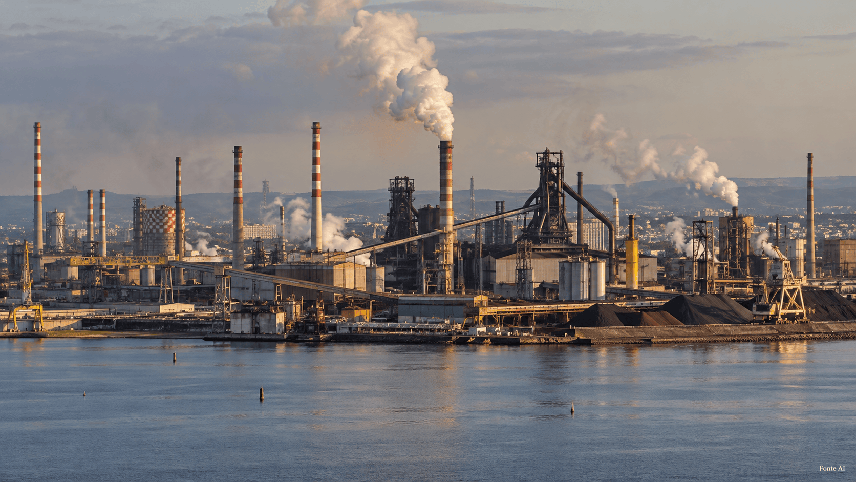 Impianti dell’acciaieria ex Ilva nel porto di Taranto al tramonto