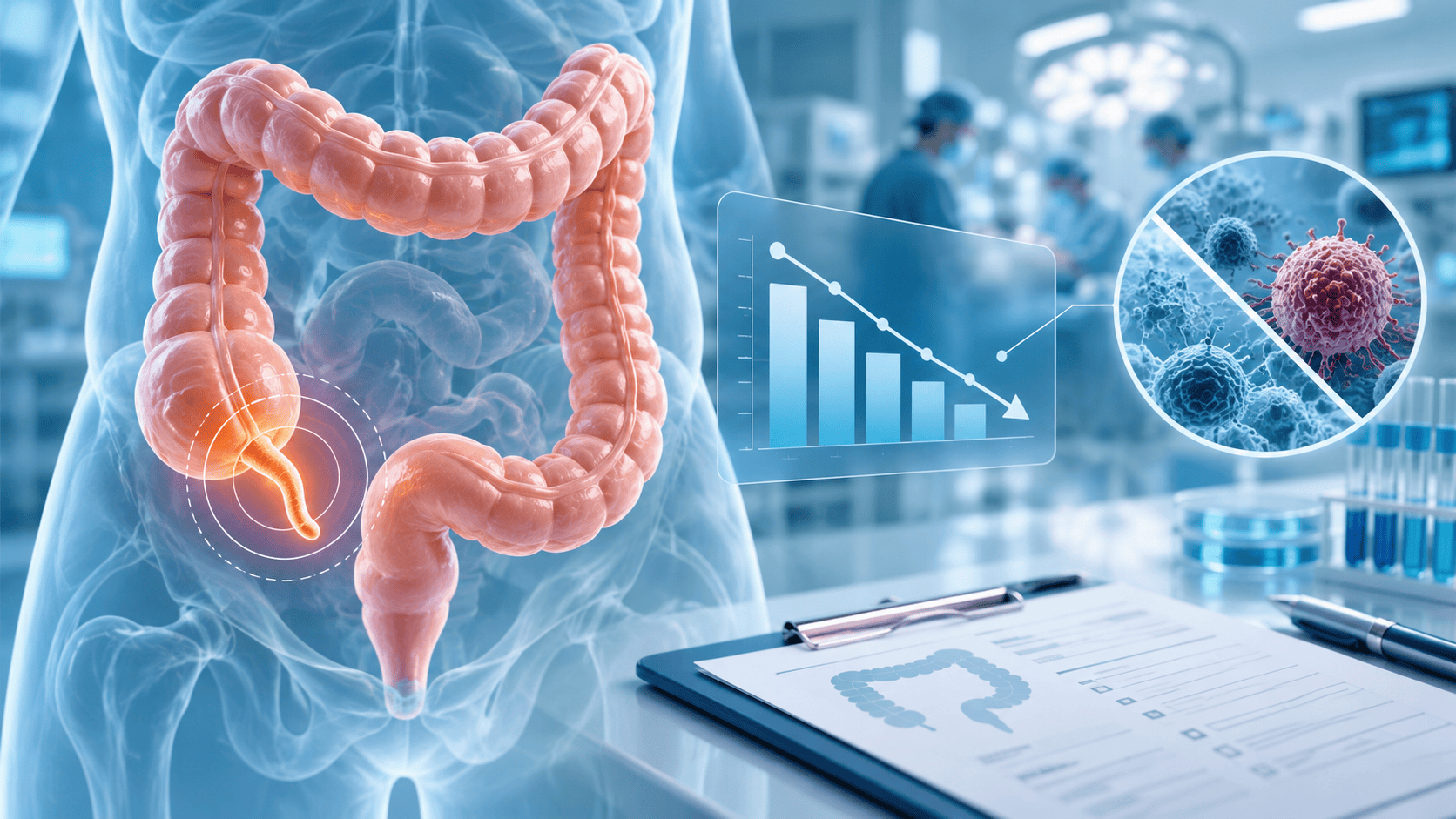 Illustrazione del colon con appendice evidenziata e grafico che rappresenta l'associazione osservata nel nuovo studio