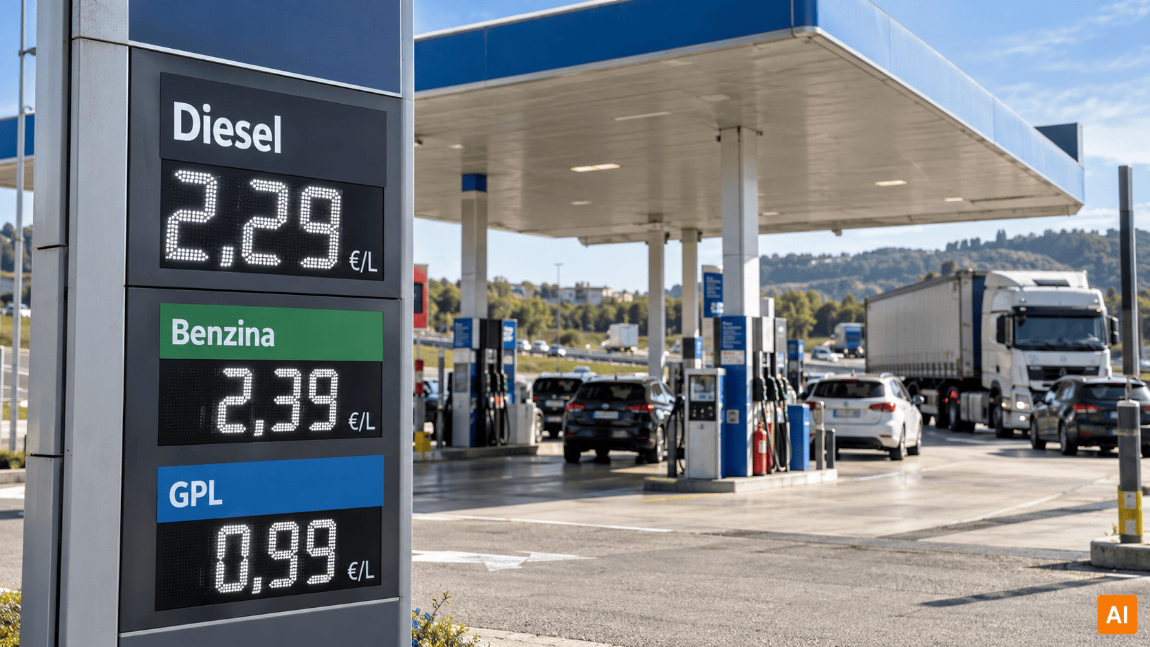 Area di servizio autostradale con tabellone dei prezzi dei carburanti