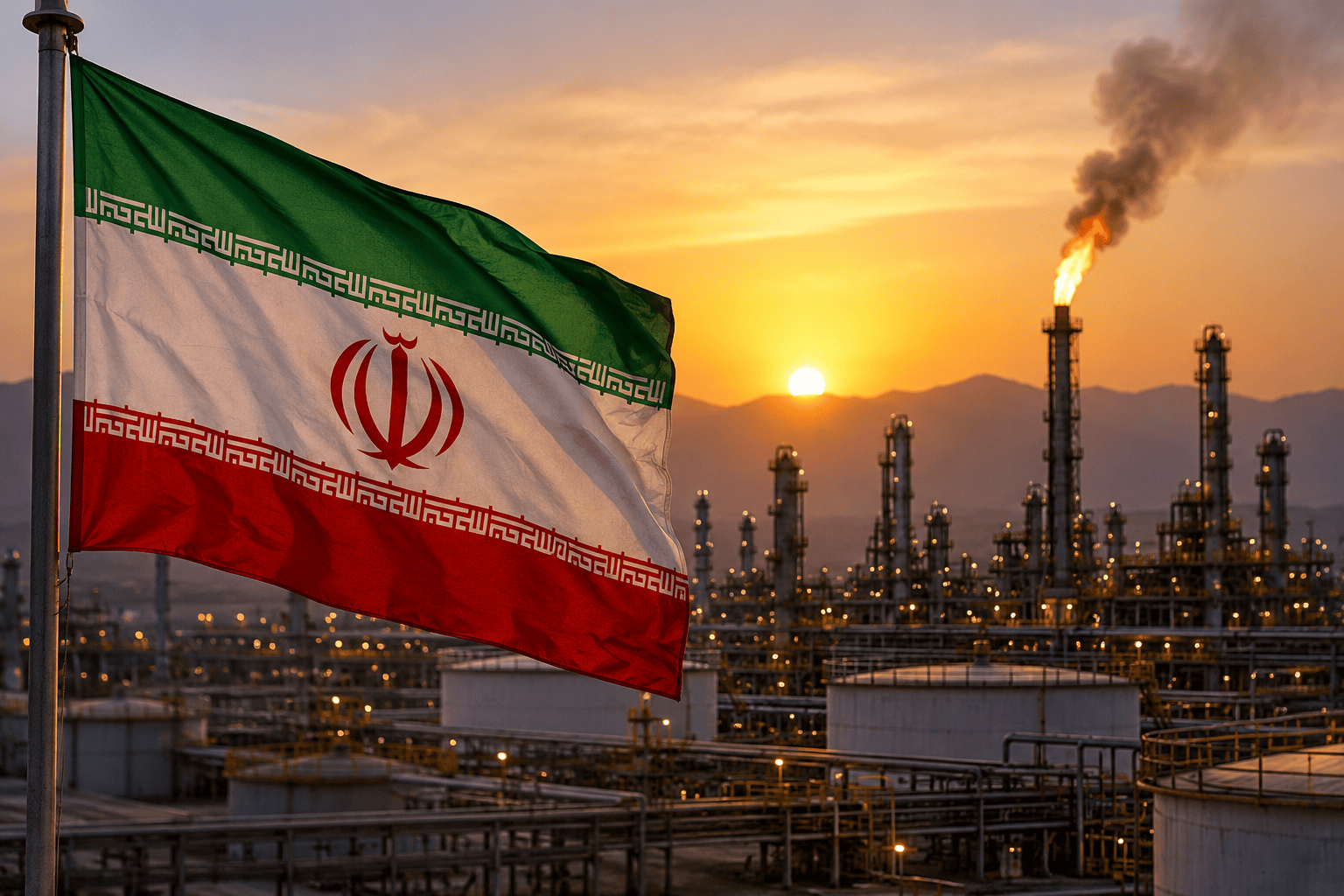 Illustrazione generata con intelligenza artificiale della bandiera iraniana davanti a una raffineria al tramonto