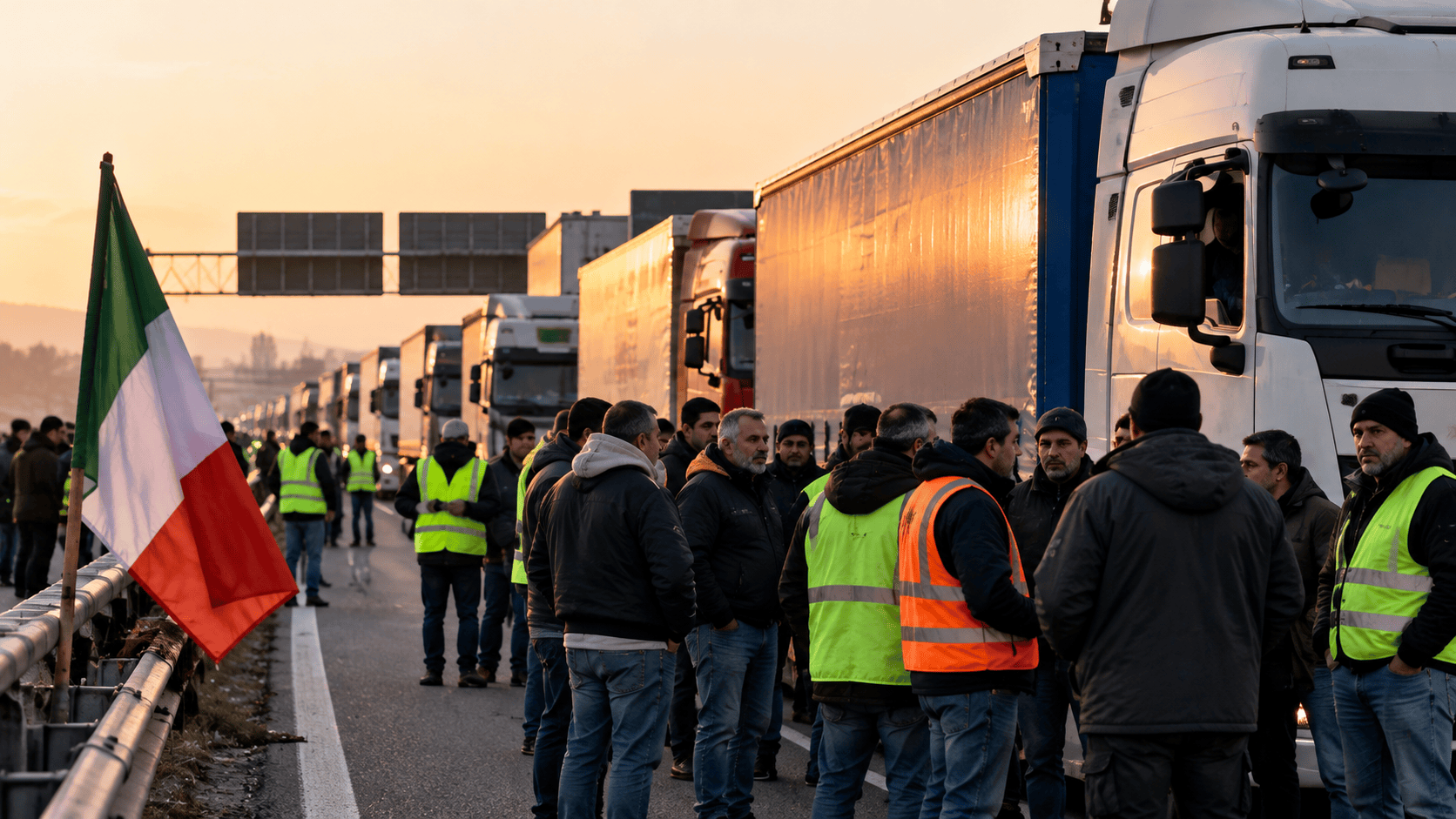 Camion fermi durante una protesta degli autotrasportatori al tramonto