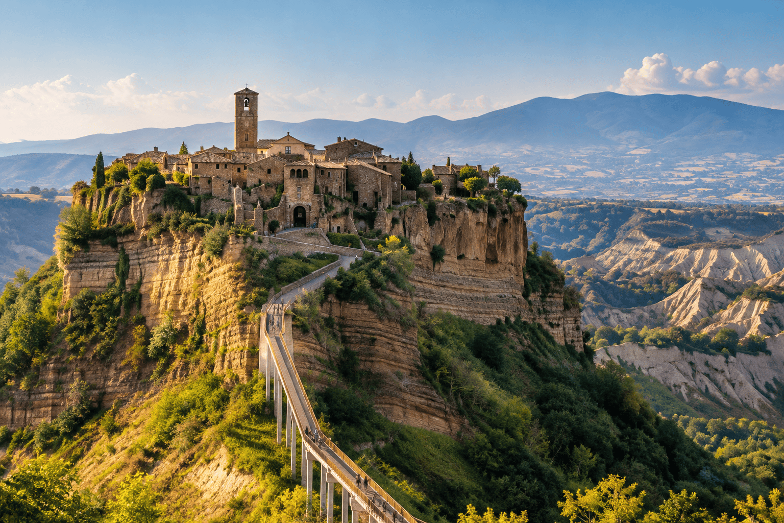 Borgo storico arroccato raggiungibile attraverso un ponte pedonale