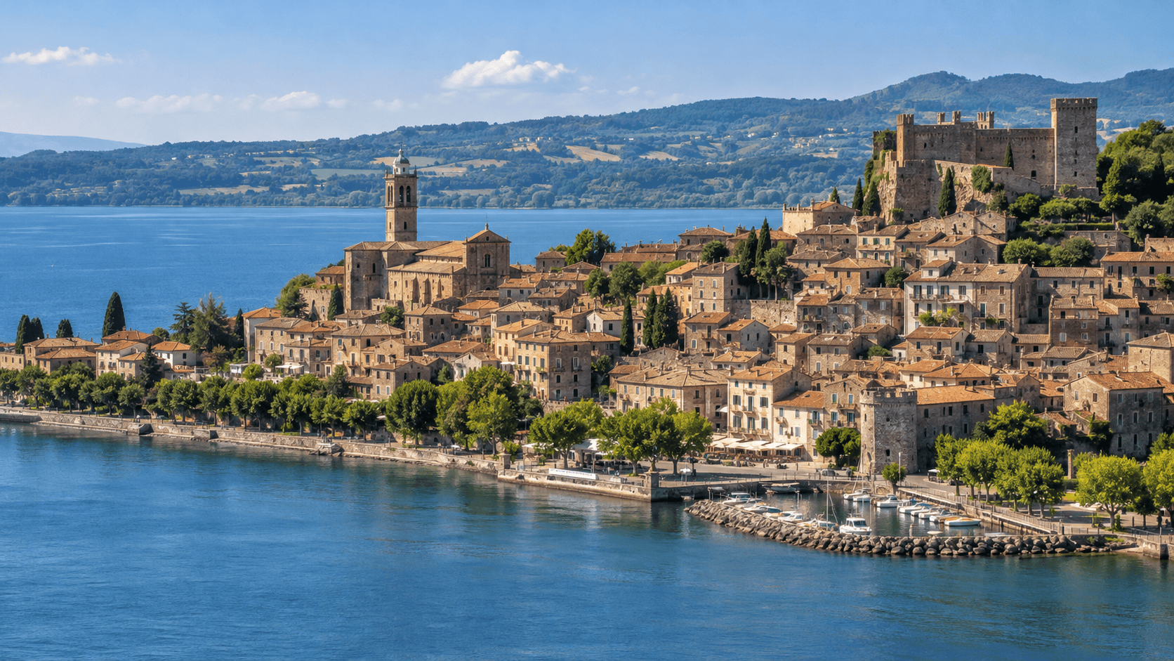 Borgo storico affacciato su un lago in un paesaggio italiano