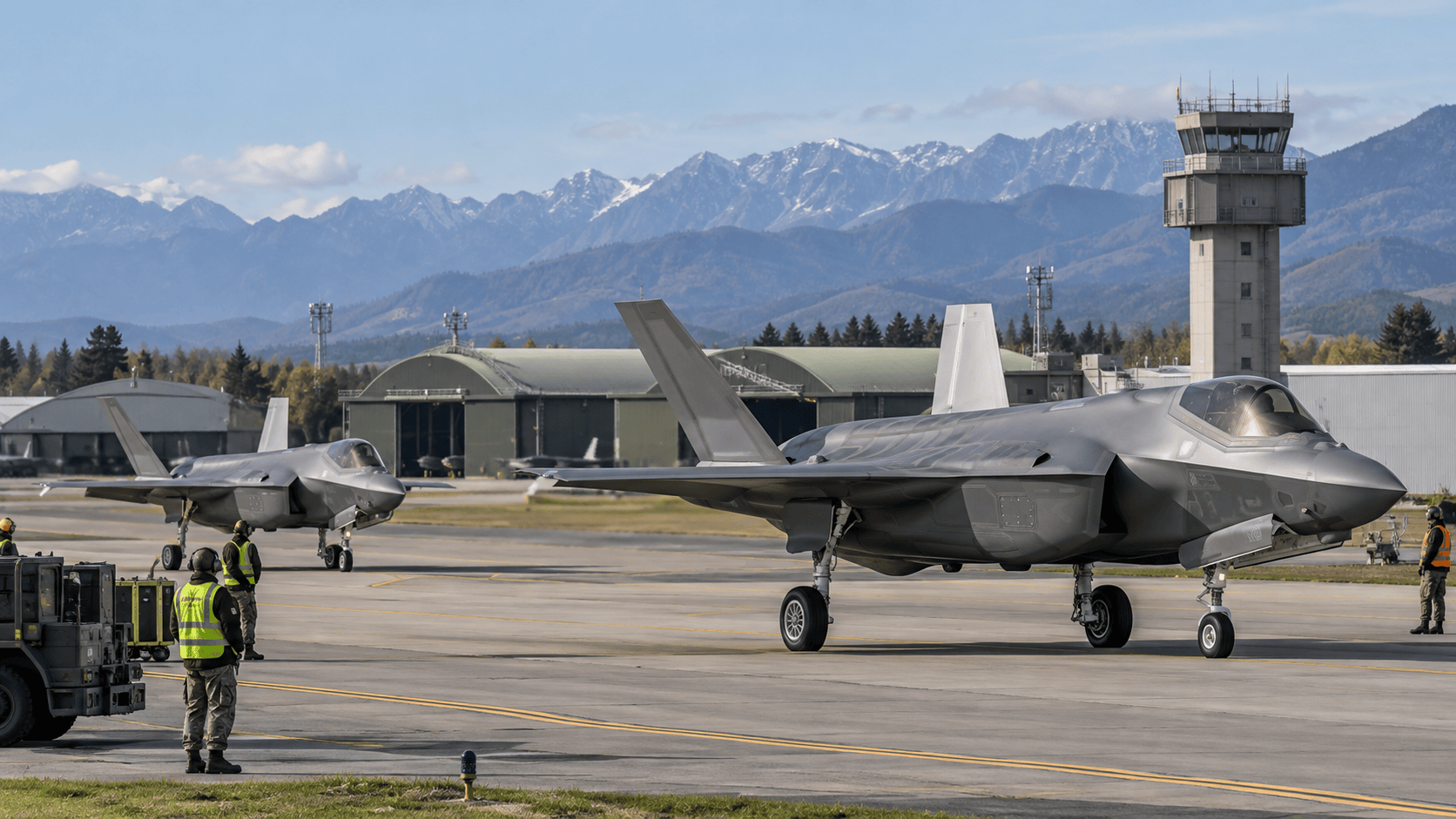 Caccia militare fermo su una base aerea in un'area montana