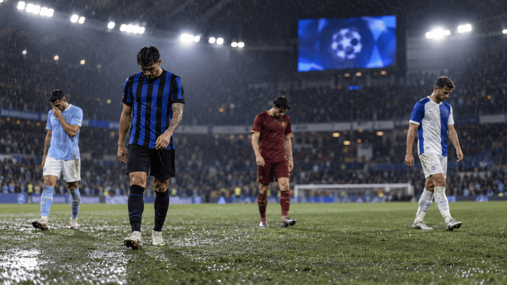 Calciatori sconsolati sotto la pioggia dopo una partita europea