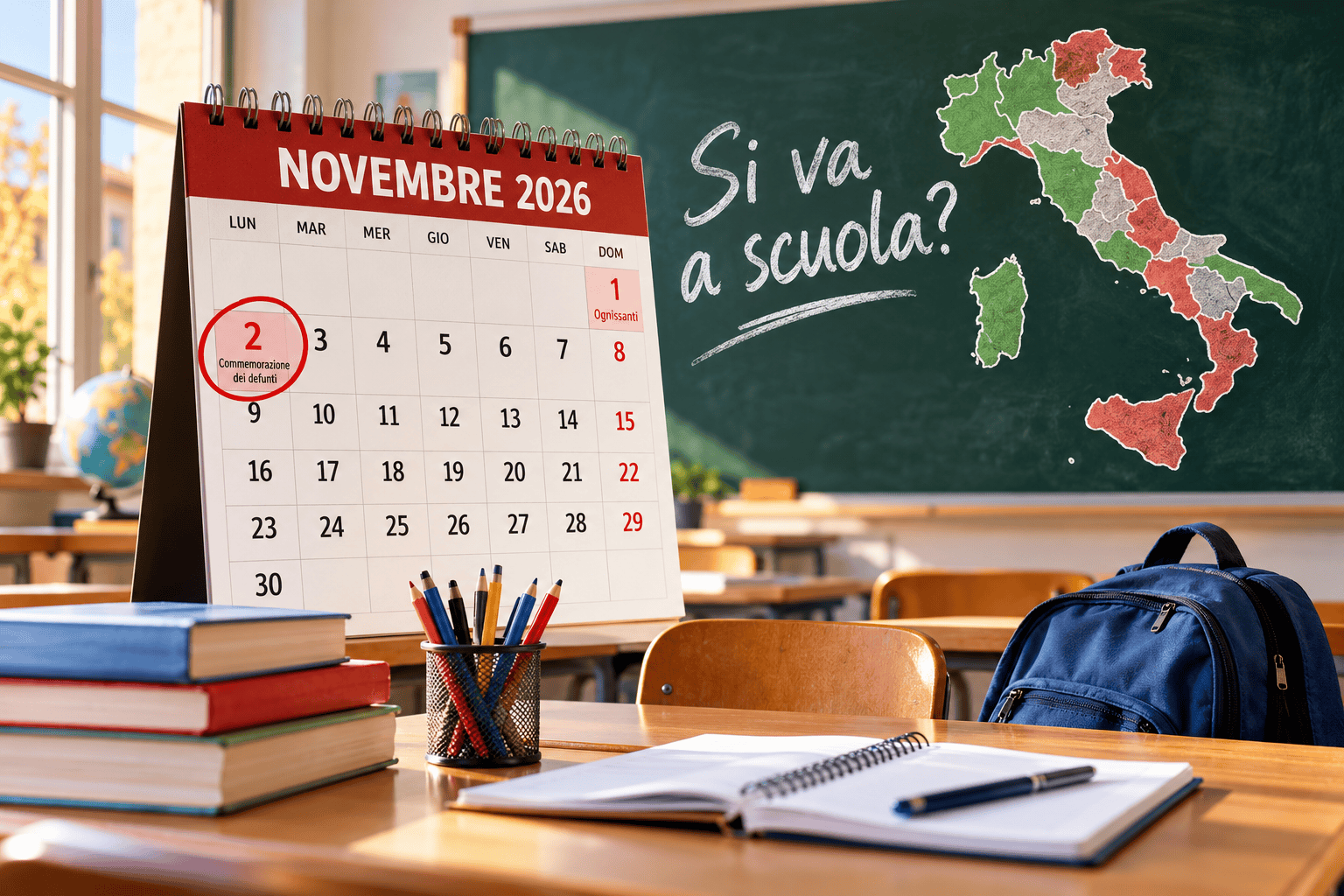 Calendario scolastico italiano del 2 novembre 2026 con indicazione delle scuole aperte e chiuse