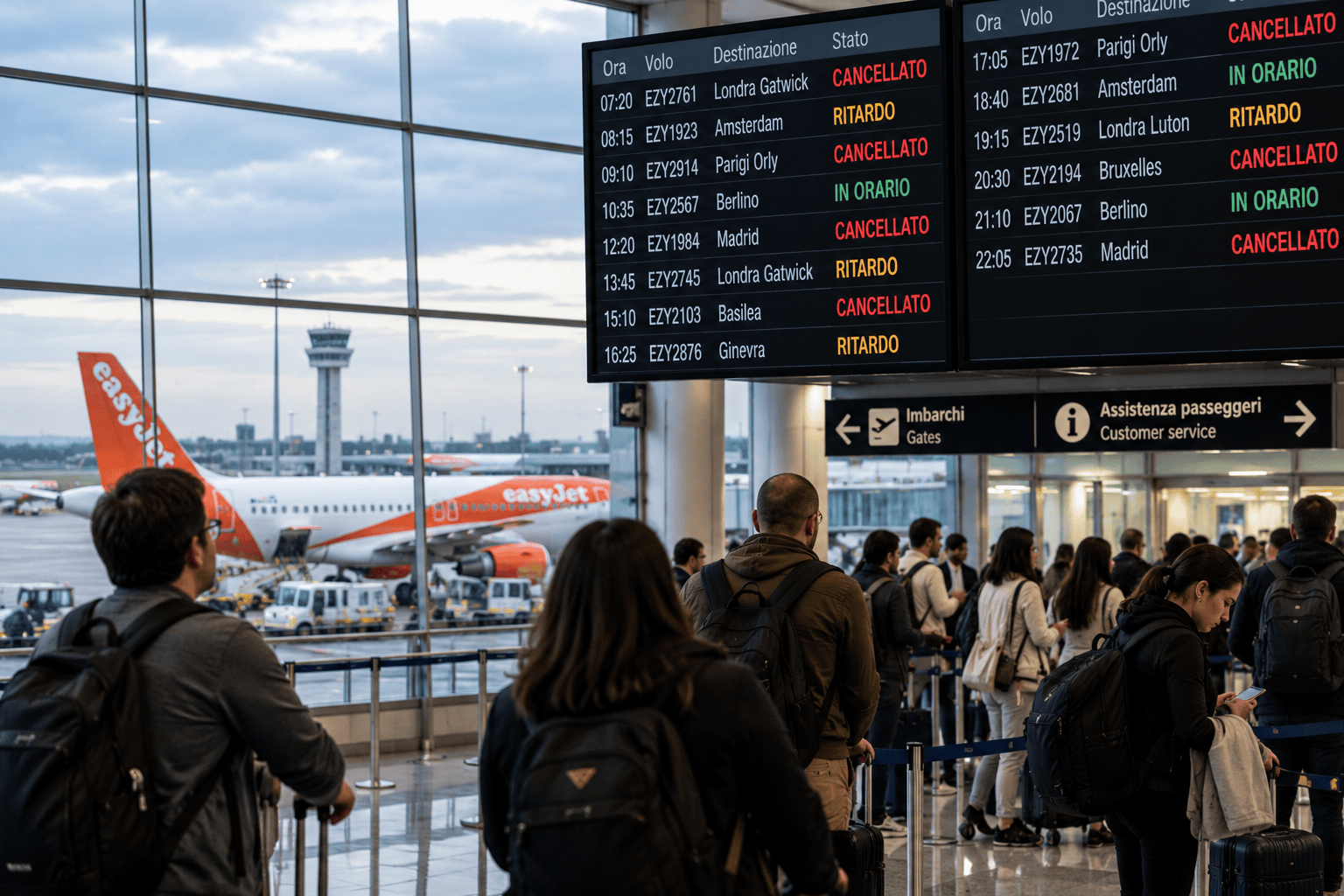 Passeggeri in aeroporto durante una giornata di ritardi e cancellazioni dei voli