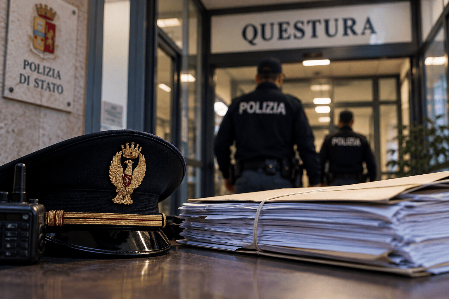 Cappello della Polizia di Stato e fascicoli davanti all’ingresso di una Questura
