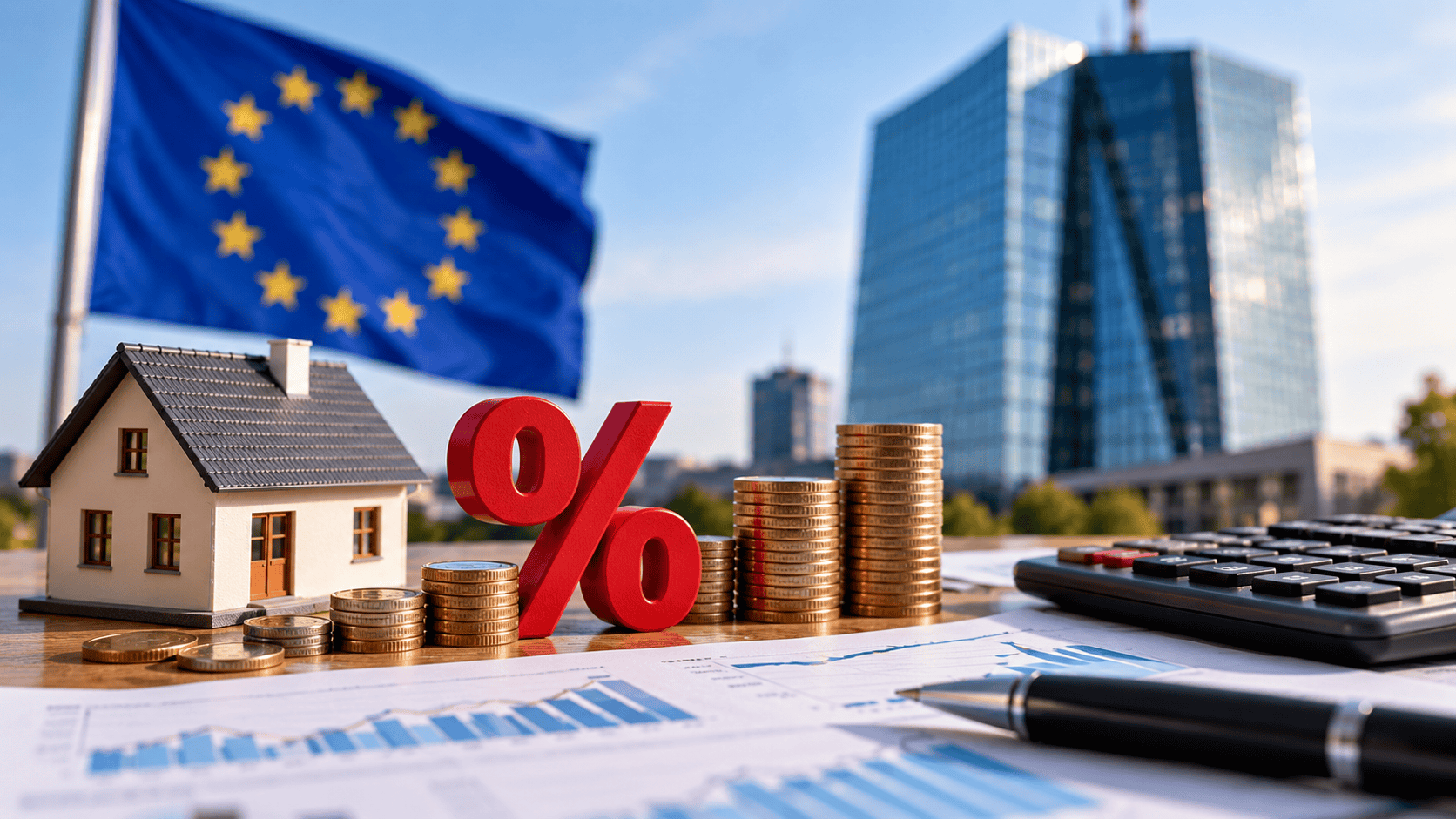 Illustrazione AI con casa, monete e simbolo percentuale per rappresentare mutui e tassi di interesse in Europa