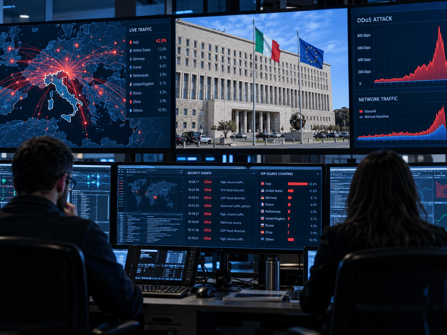 Centro operativo di cybersicurezza durante il monitoraggio di un attacco informatico