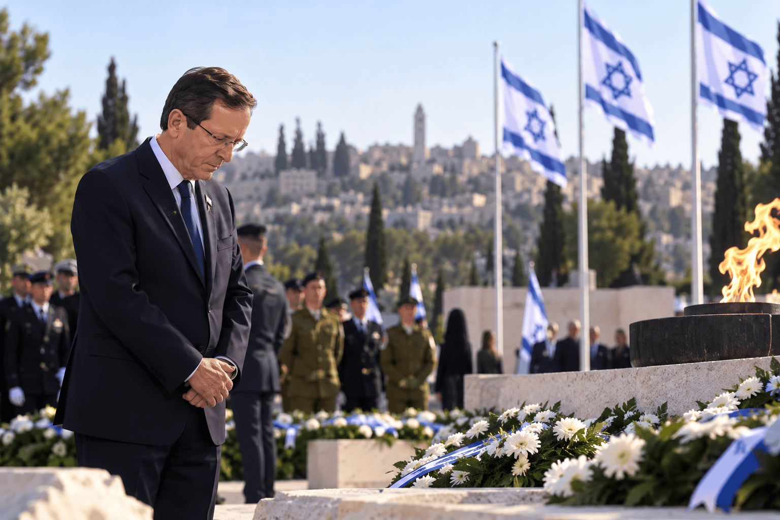 Illustrazione AI di una cerimonia commemorativa sul Monte Herzl con bandiere israeliane e memoriale
