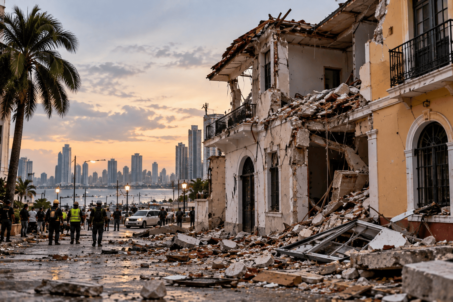 Città di Panama con macerie e soccorsi dopo il terremoto