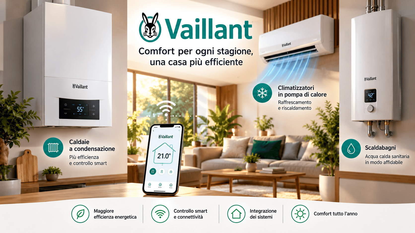 Illustrazione di caldaia, climatizzatore, scaldabagno e controllo smart Vaillant in ambiente domestico