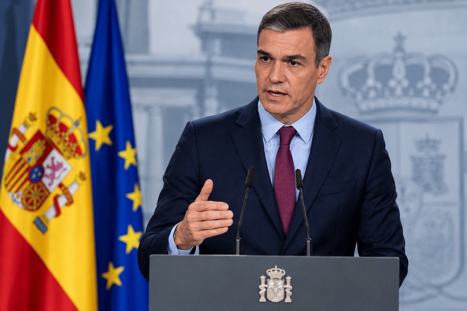 Illustrazione generata con intelligenza artificiale di Pedro Sánchez durante una conferenza stampa istituzionale con le bandiere di Spagna e Unione Europea