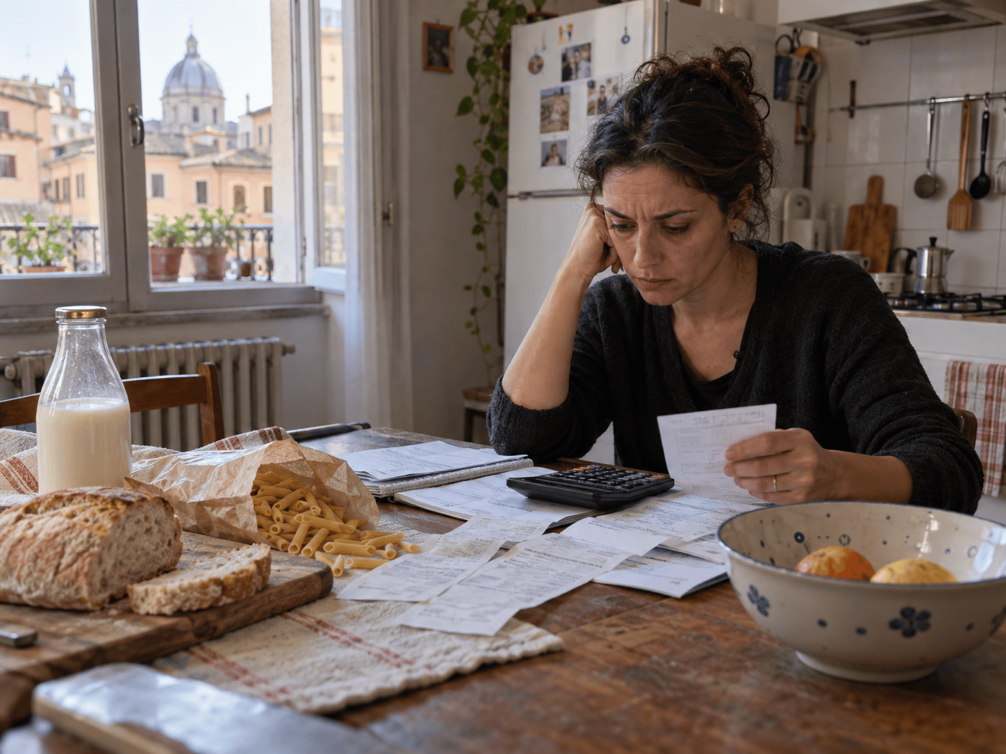 Conti domestici e spese familiari sul tavolo della cucina