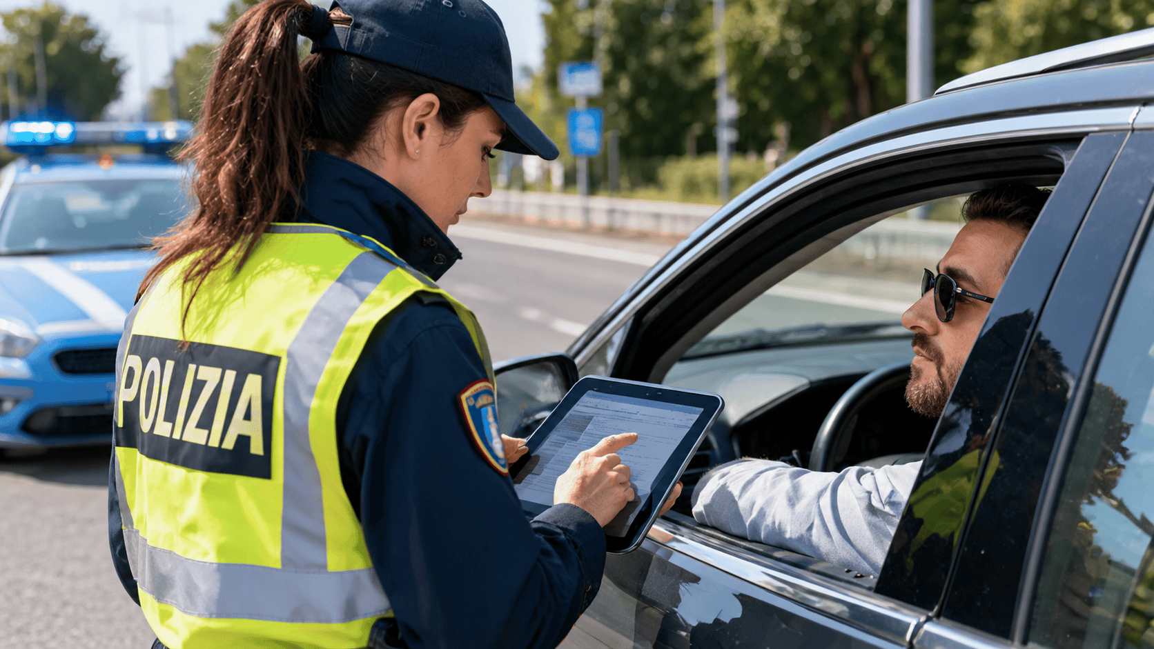 Agente di polizia durante un controllo stradale su un'automobile