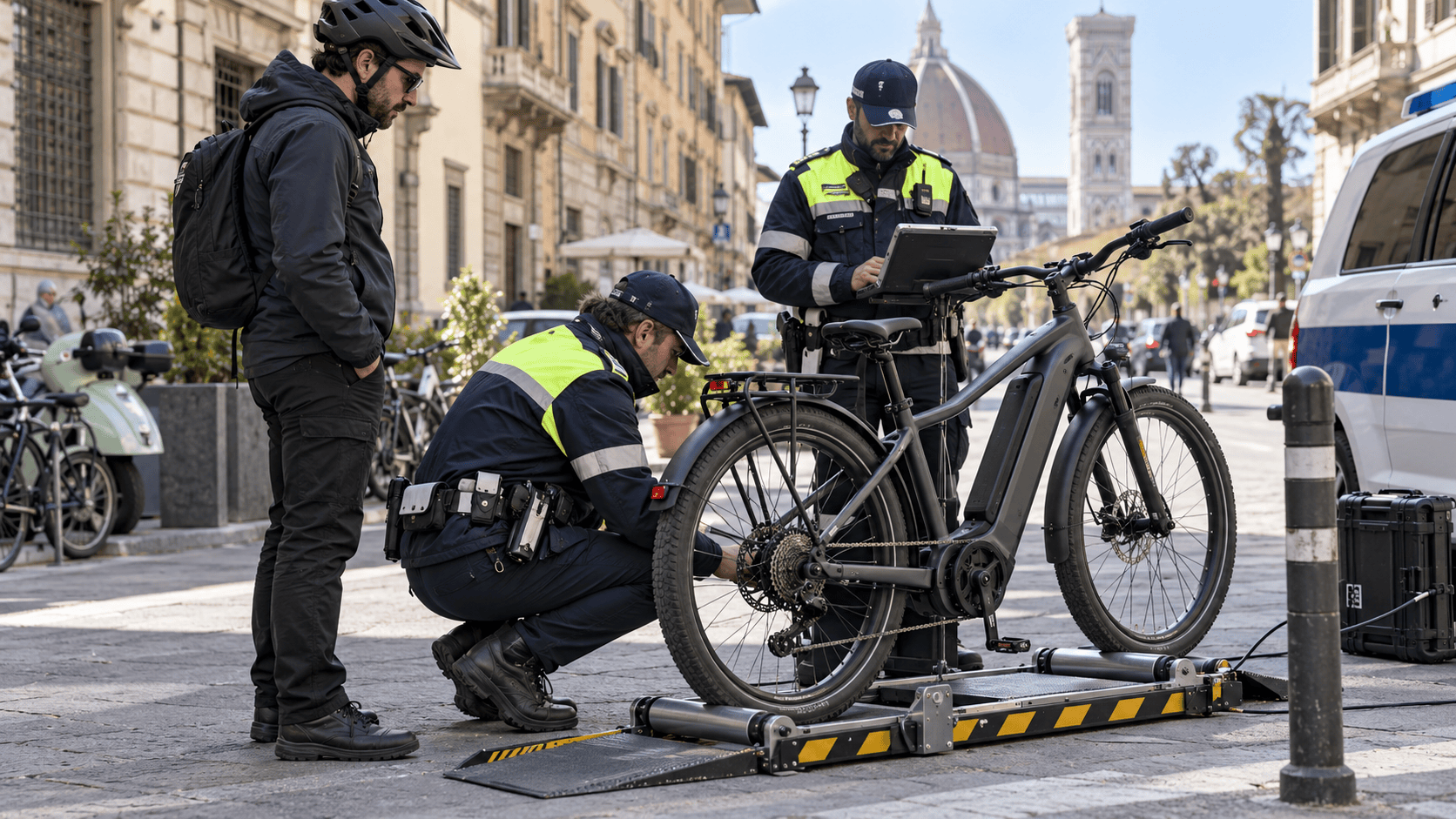 Controllo urbano di una bici elettrica durante una verifica su strada
