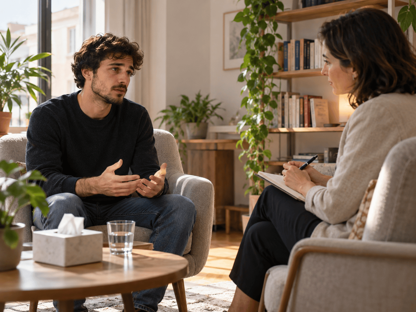 Conversazione terapeutica tra professionista e persona in uno studio accogliente