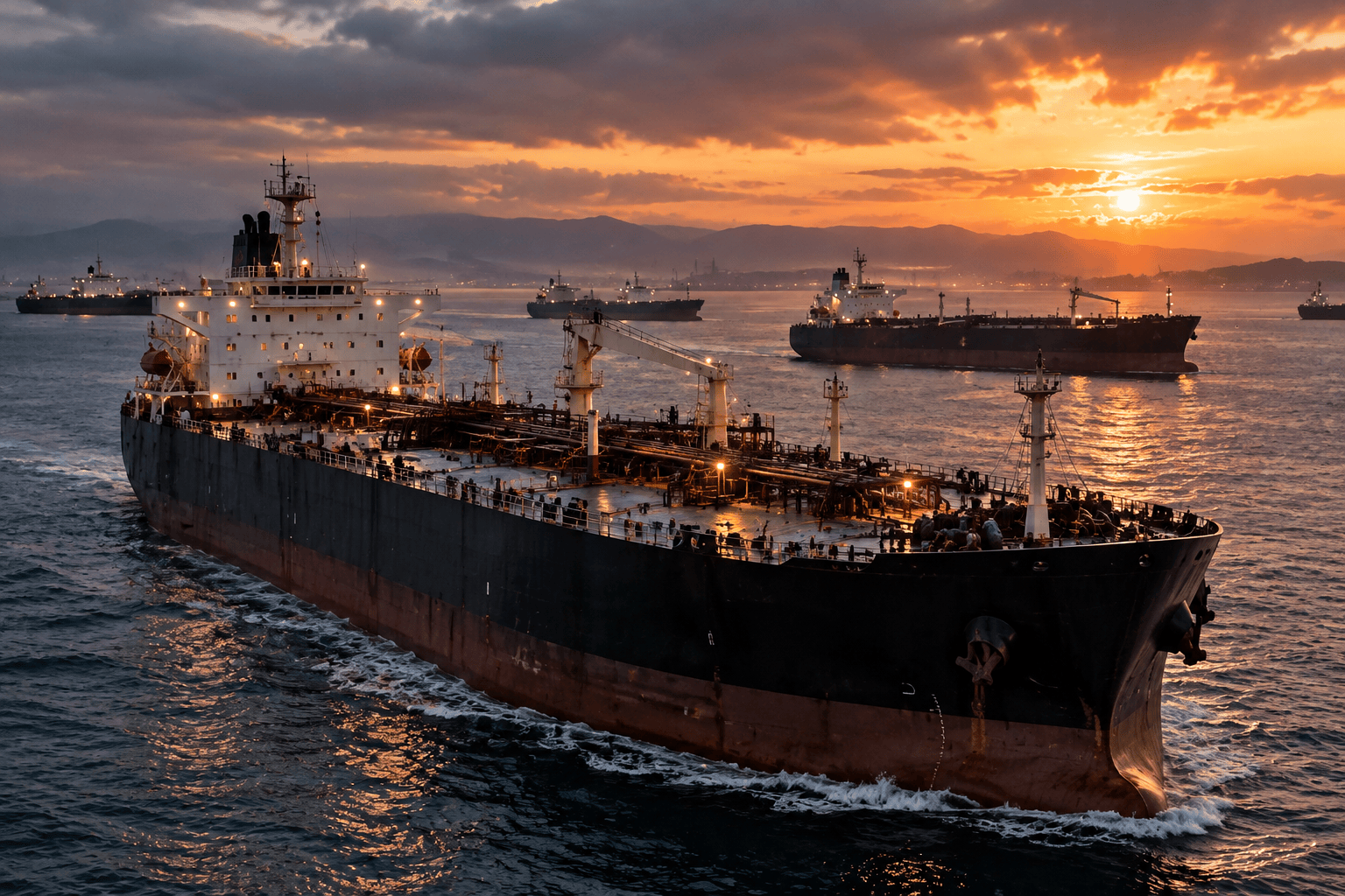 Convoglio di petroliere al tramonto nel contesto della shadow fleet russa