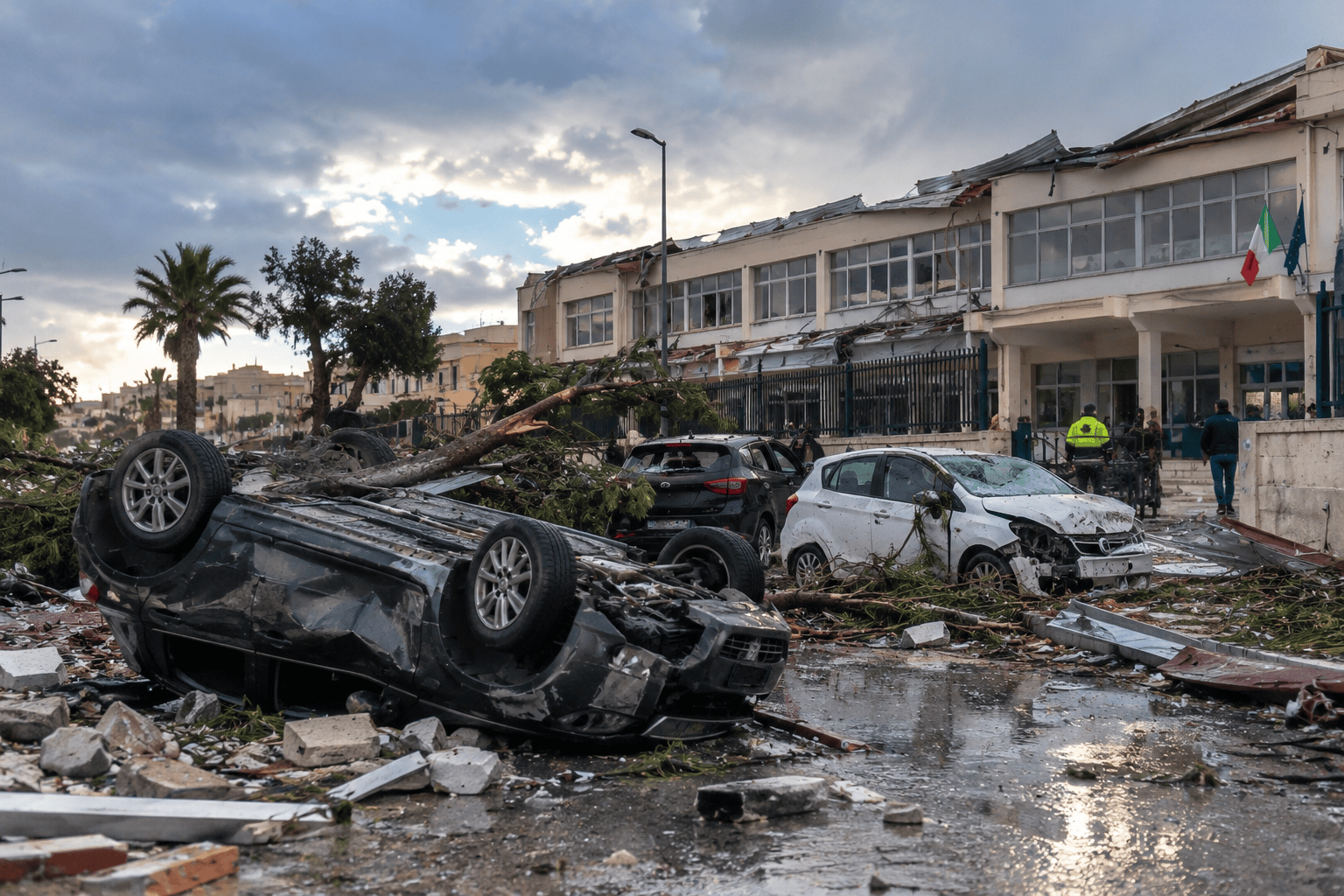 Danni causati dalla tempesta davanti a un edificio nel Trapanese