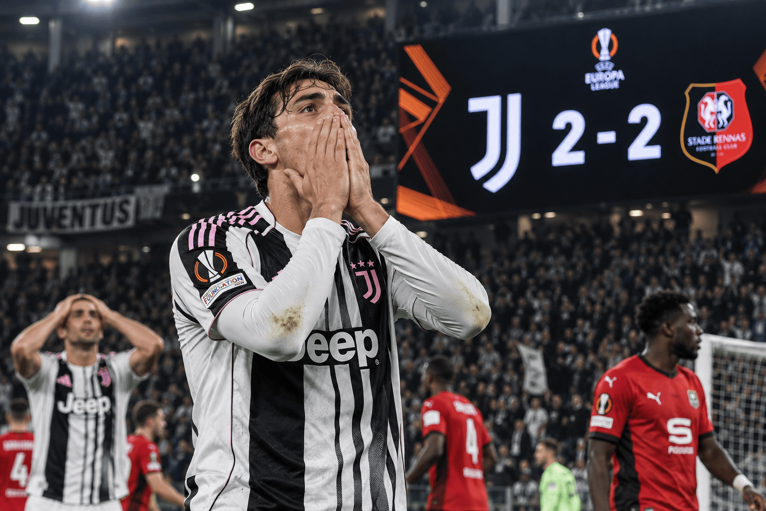 Delusione dei giocatori della Juventus dopo il 2-2 contro il Rennes