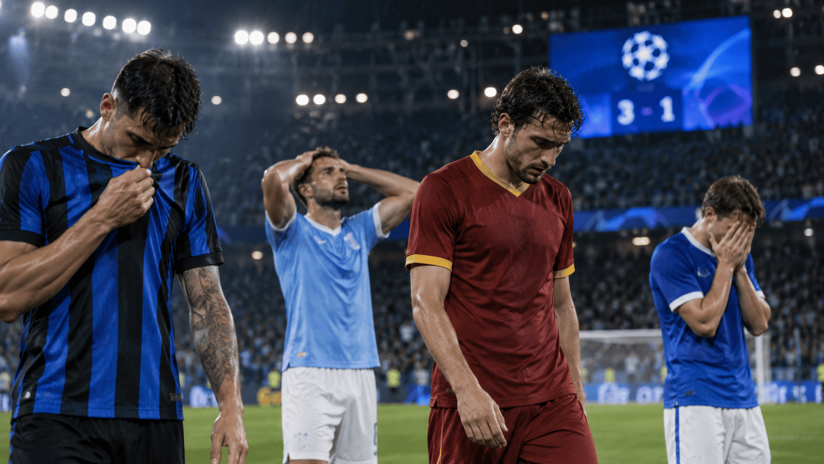 Calciatori italiani delusi sotto il tabellone dopo una giornata negativa di Champions League