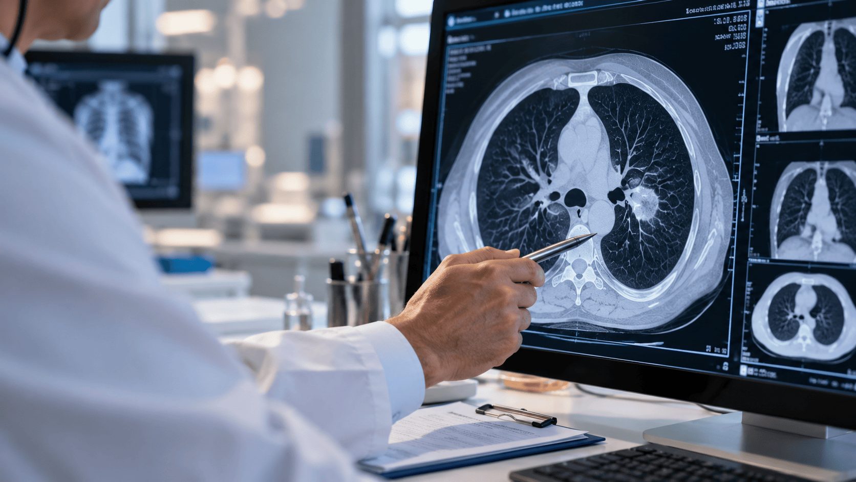 Medico osserva una scansione TAC del torace con un nodulo polmonare
