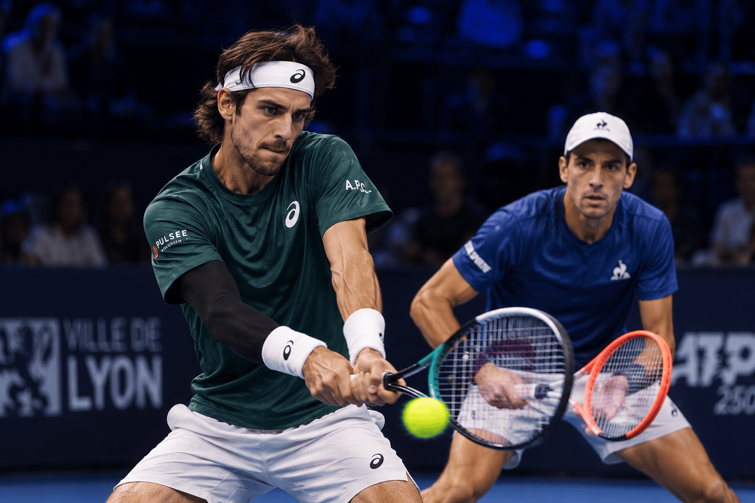 Musetti e Arnaldi durante un match di tennis indoor