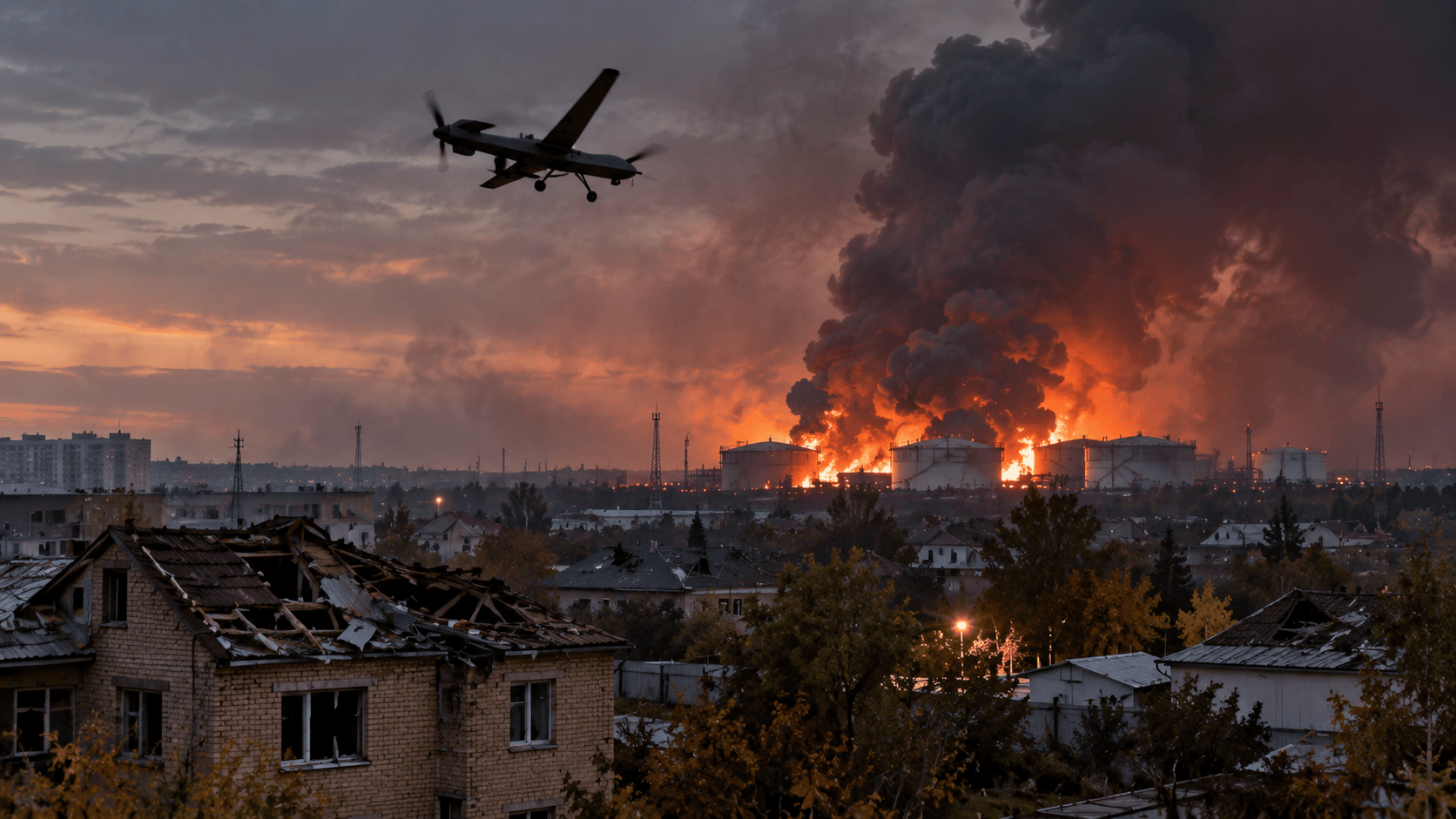 Rappresentazione generata con intelligenza artificiale di un drone sopra un complesso industriale in fiamme