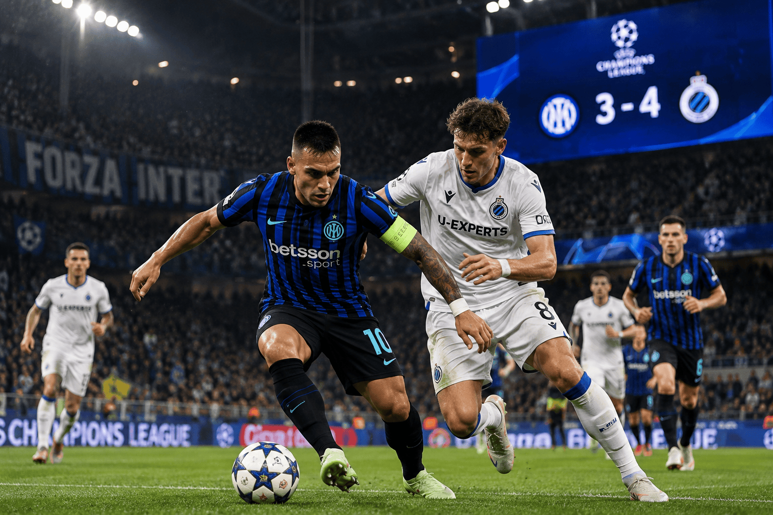 Duello tra un giocatore dell'Inter e uno del Club Brugge durante la partita di Champions League