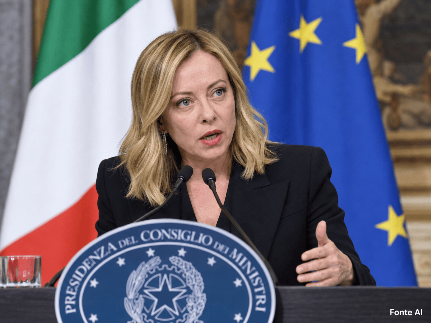 Illustrazione generata con intelligenza artificiale di Giorgia Meloni durante una dichiarazione politica