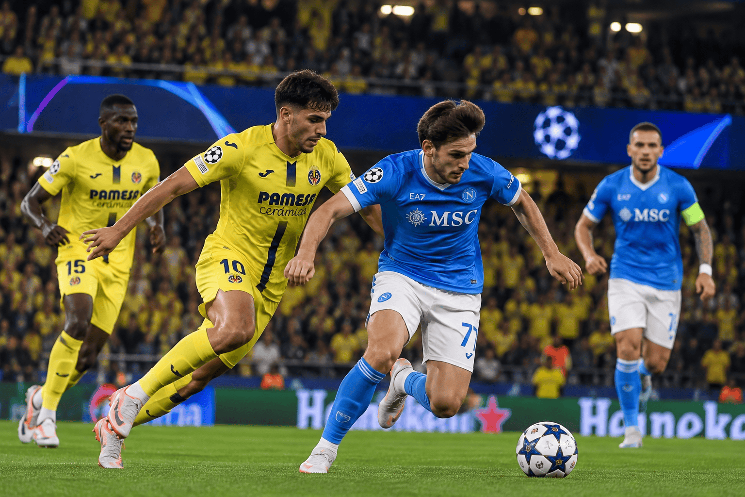 Duello in corsa tra Villarreal e Napoli durante la partita di Champions League