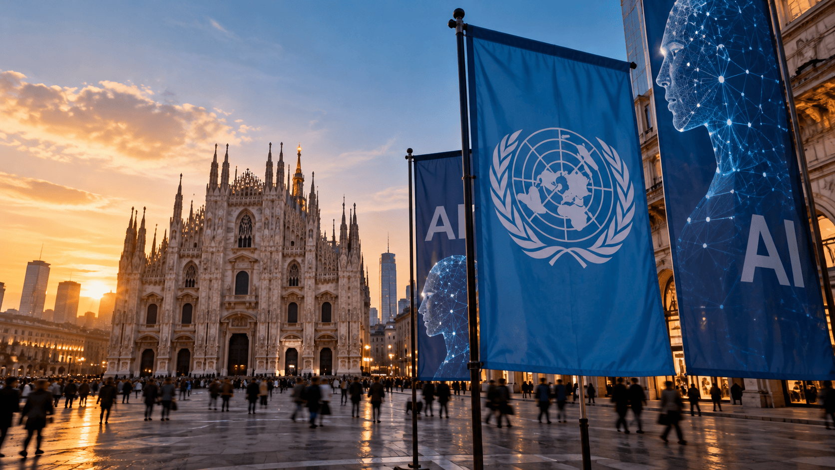 Duomo di Milano con elementi grafici dedicati a intelligenza artificiale e cooperazione internazionale