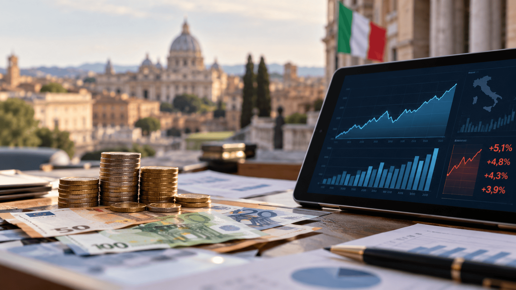 Composizione grafica dedicata all'economia italiana, all'euro e alla crescita