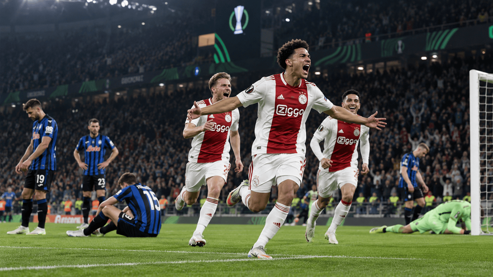 Esultanza dell'Ajax dopo il 2-0 contro l'Atalanta in Conference League