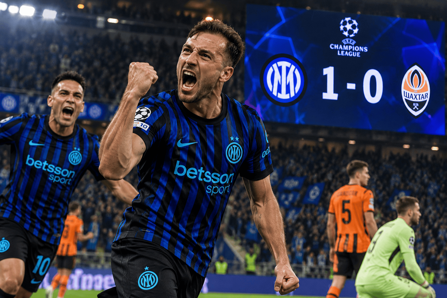 Esultanza dell’Inter dopo il gol decisivo contro lo Shakhtar