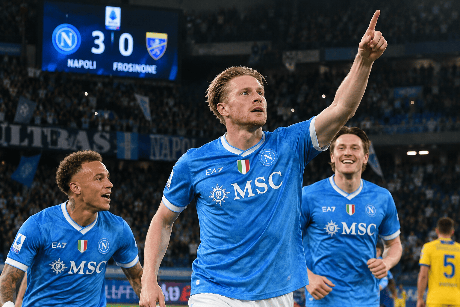 Esultanza del Napoli durante la vittoria per 3-0 contro il Frosinone al Maradona