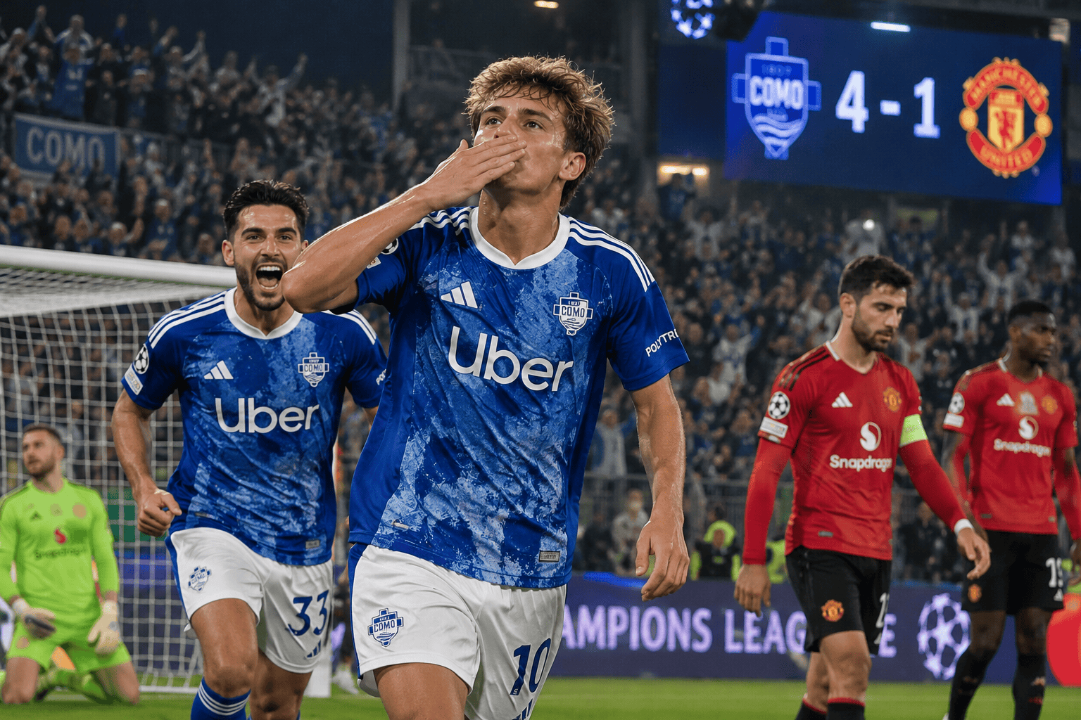 Esultanza del Como dopo il 4-1 contro il Manchester United