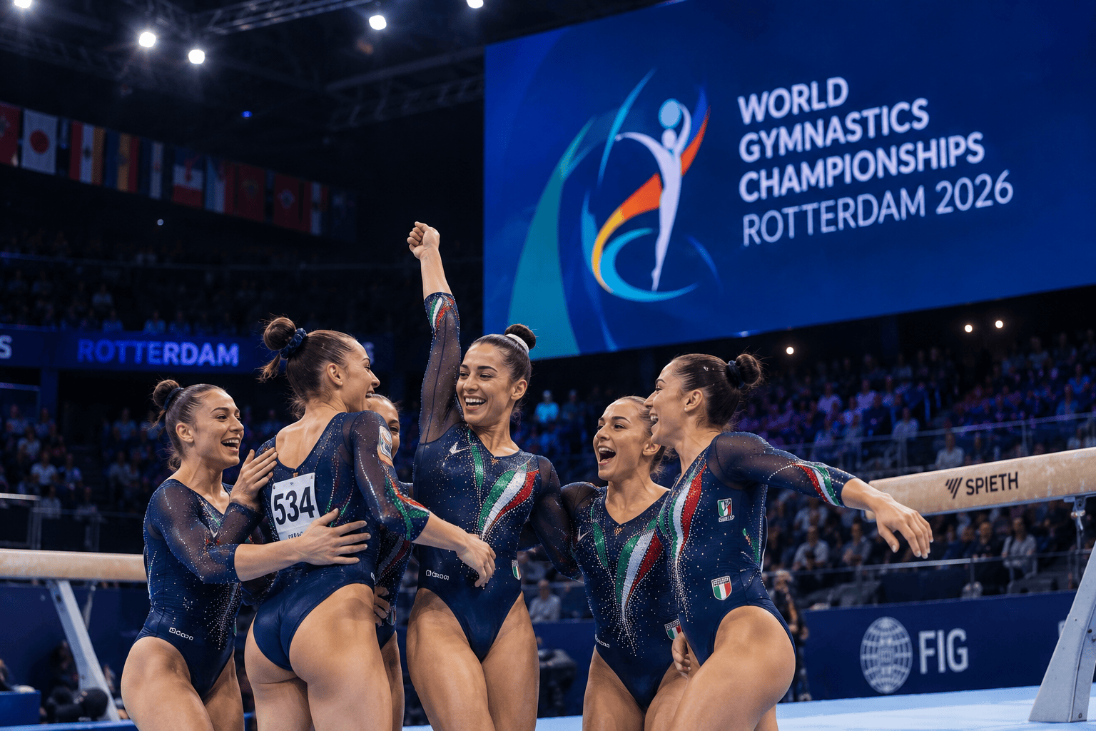 Esultanza delle ginnaste italiane ai Mondiali di Rotterdam
