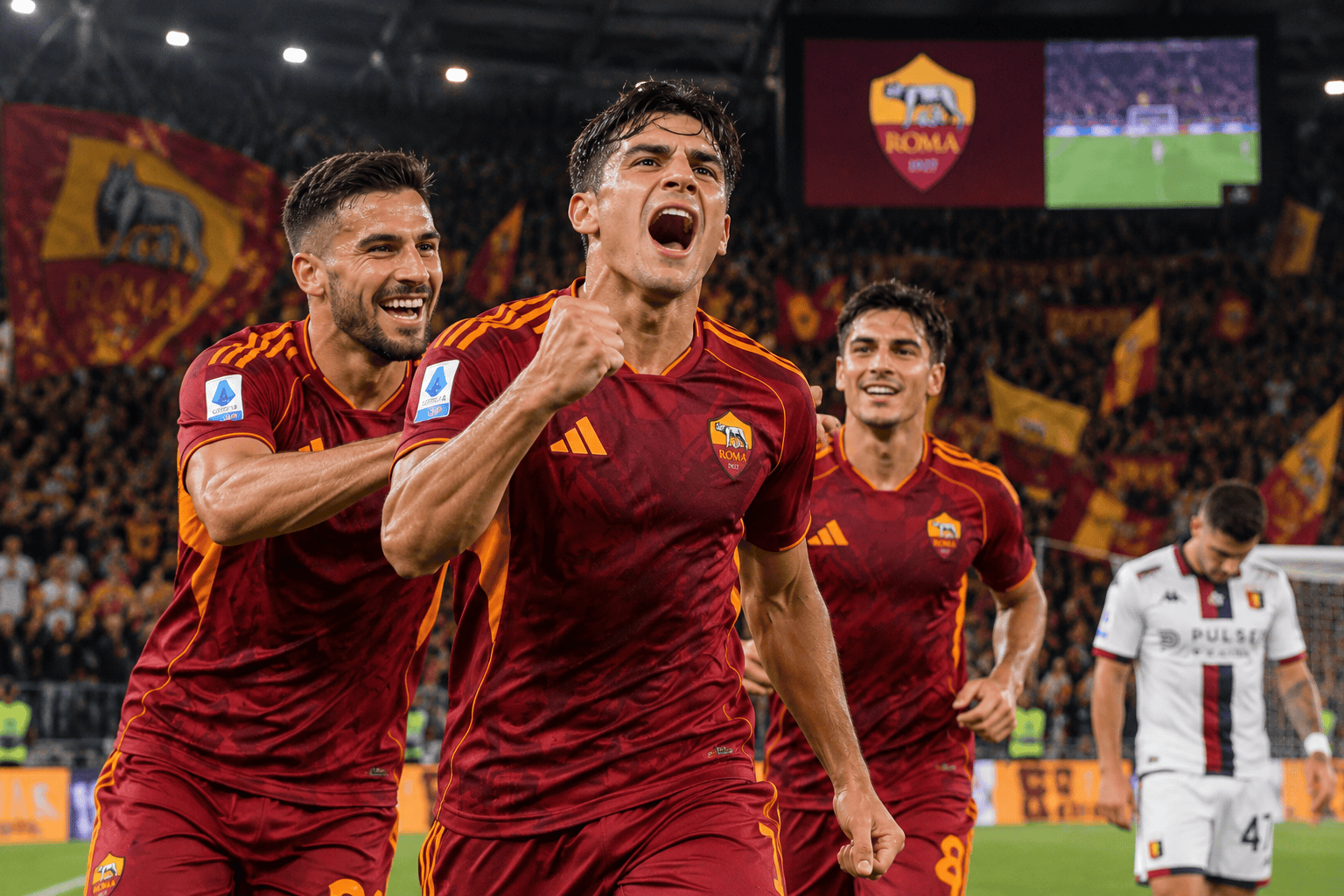 Esultanza dei giocatori della Roma dopo il successo contro il Genoa
