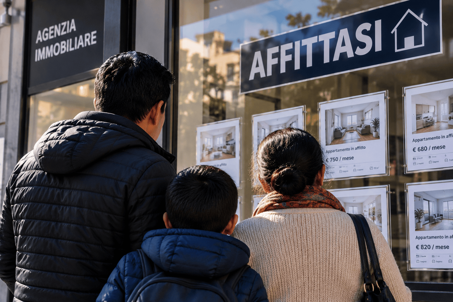 Famiglia davanti ad annunci di case in affitto