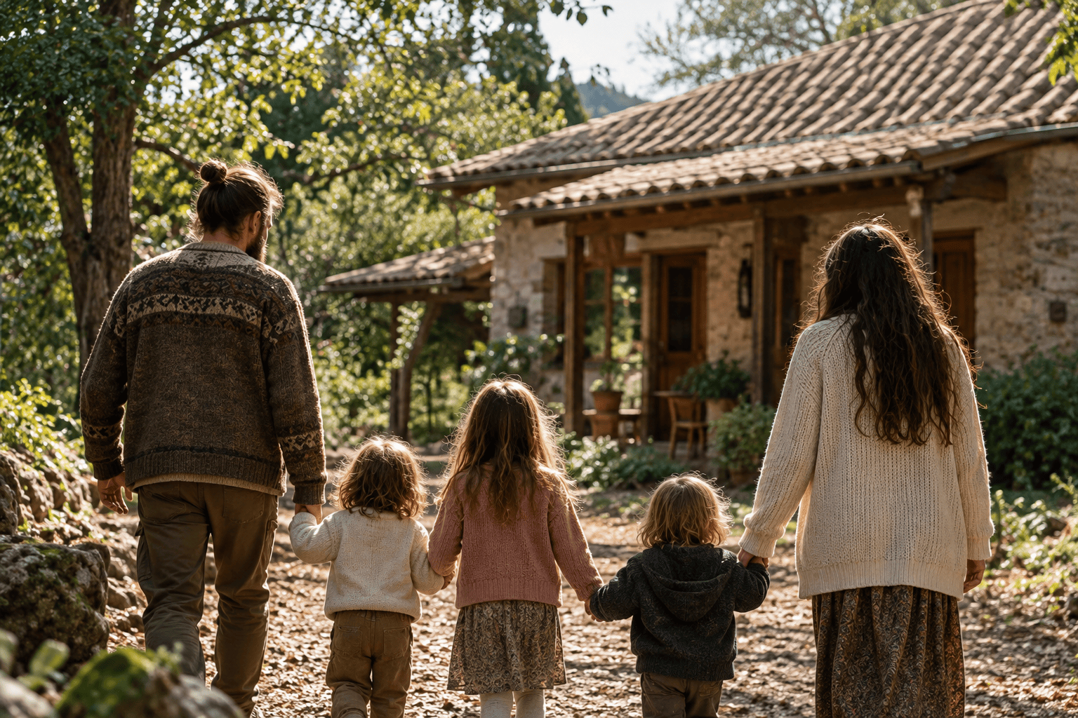 Famiglia che raggiunge una casa immersa nel bosco