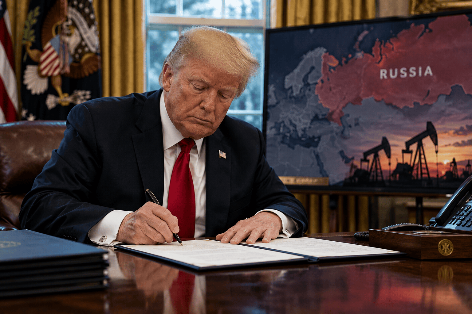 Firma presidenziale americana davanti a una mappa della Russia