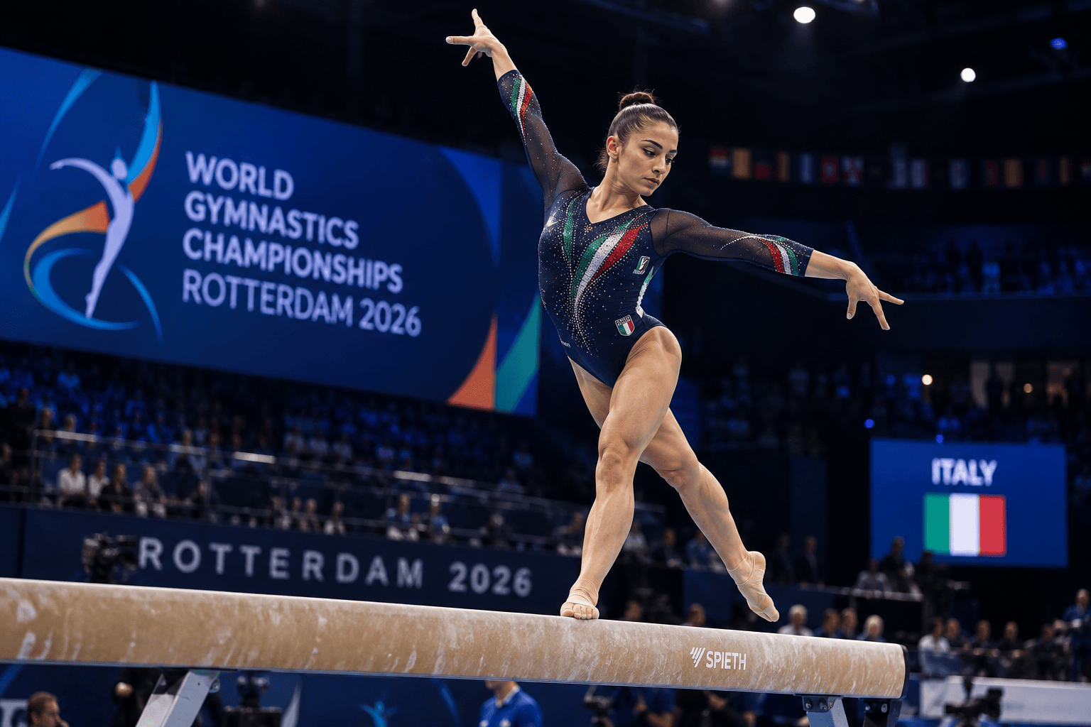 Ginnasta italiana in equilibrio sulla trave ai Mondiali di Rotterdam