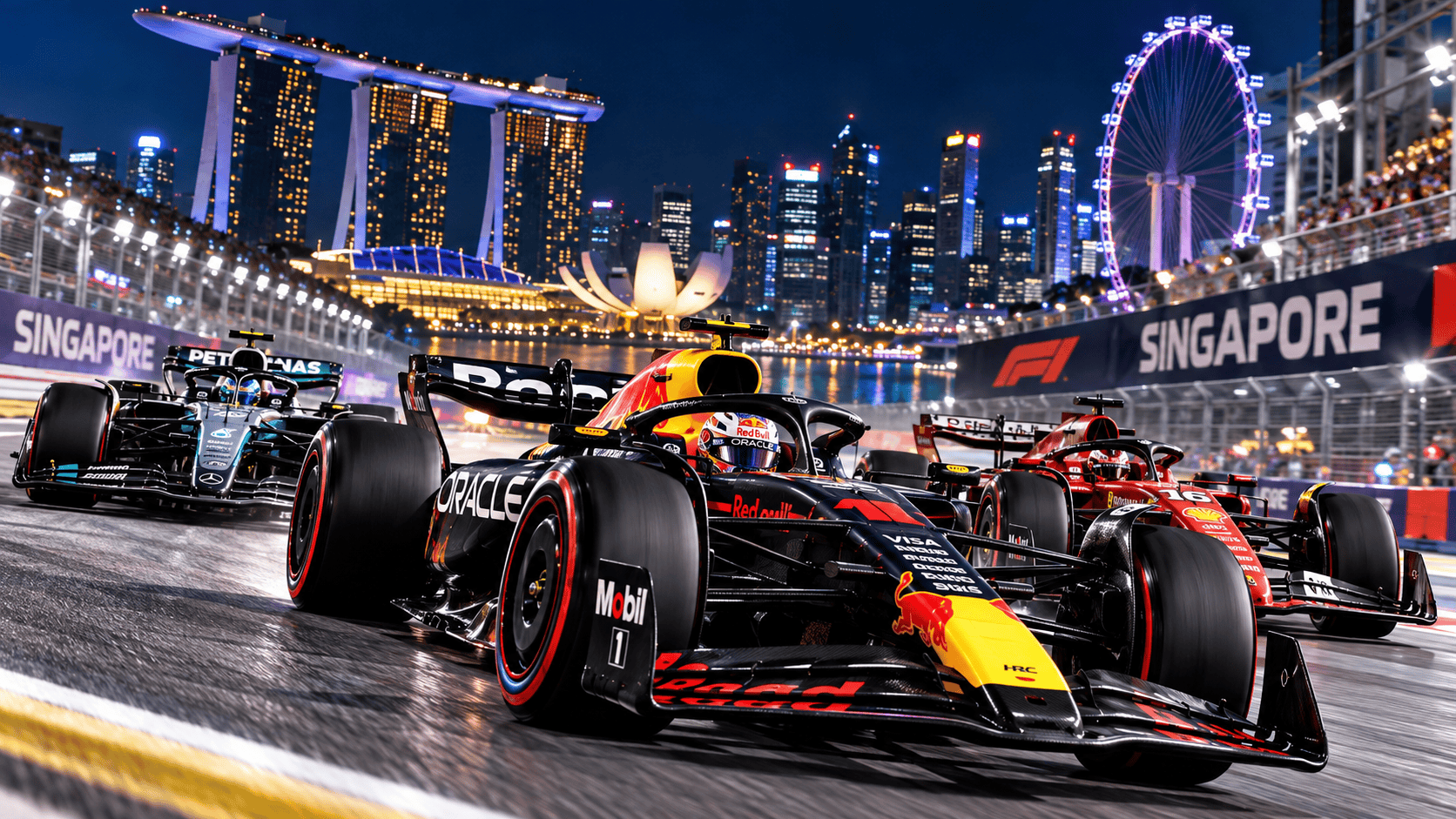 Max Verstappen in pista nel Gran Premio di Singapore 2026 sotto le luci di Marina Bay