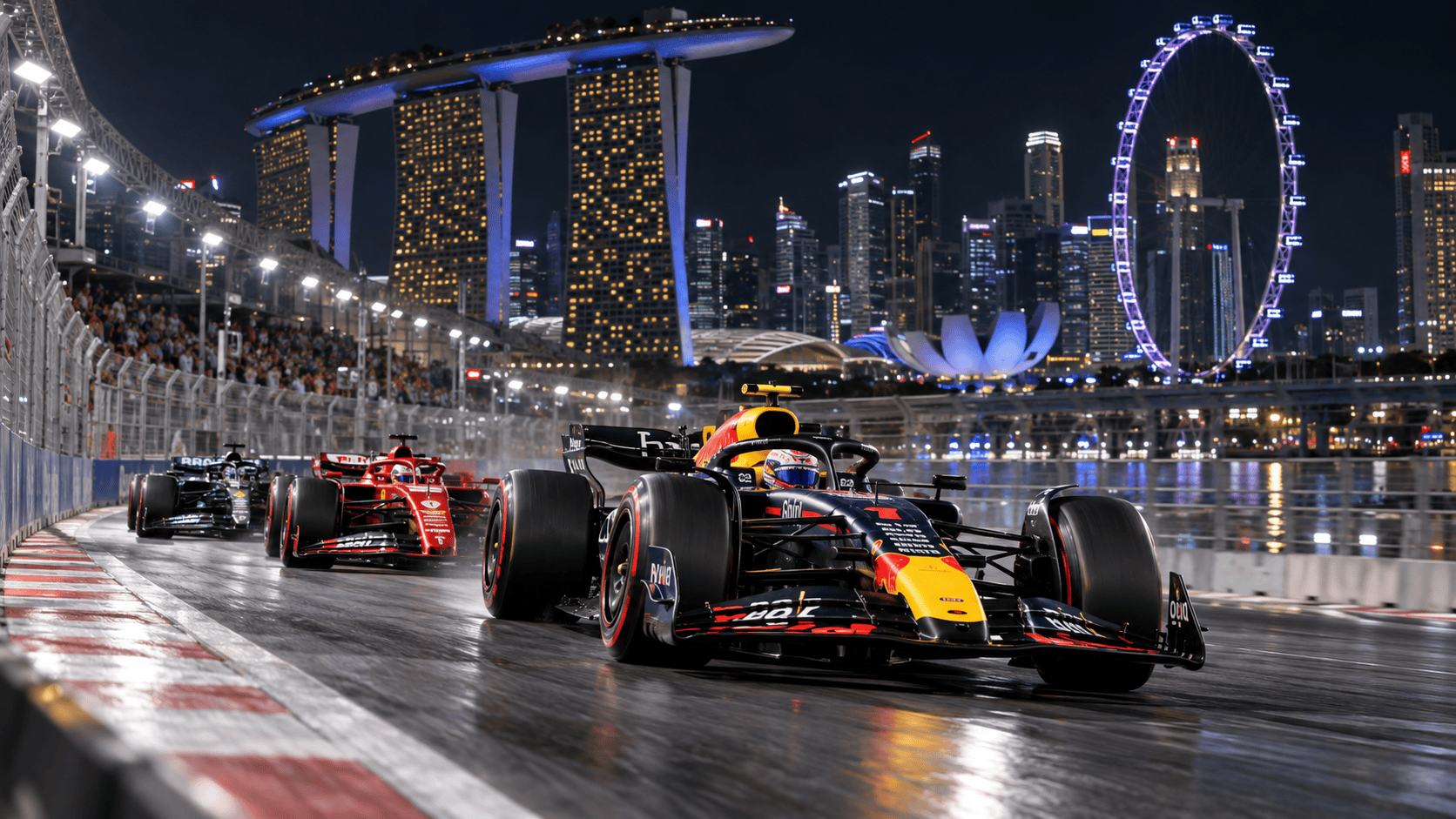 Monoposto di Formula 1 durante il GP notturno di Singapore 2026 a Marina Bay