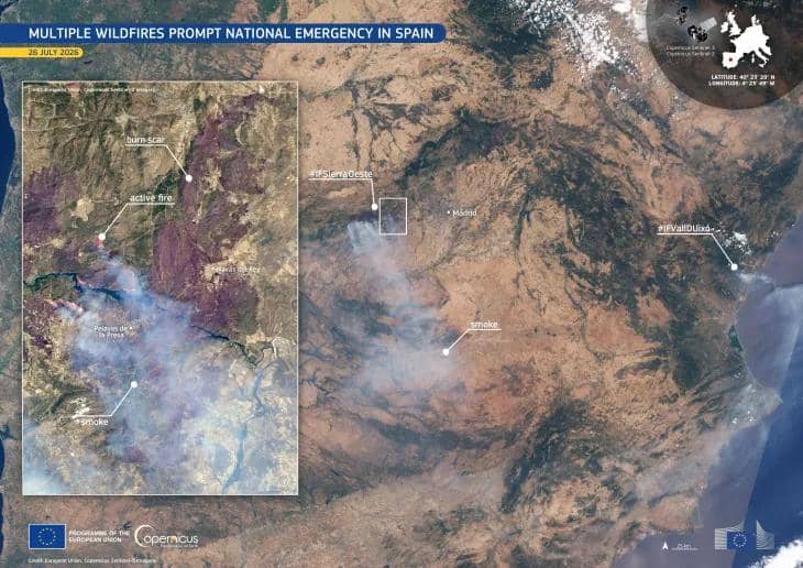 Fronte degli incendi in Spagna durante l'estate 2026 osservato da satellite