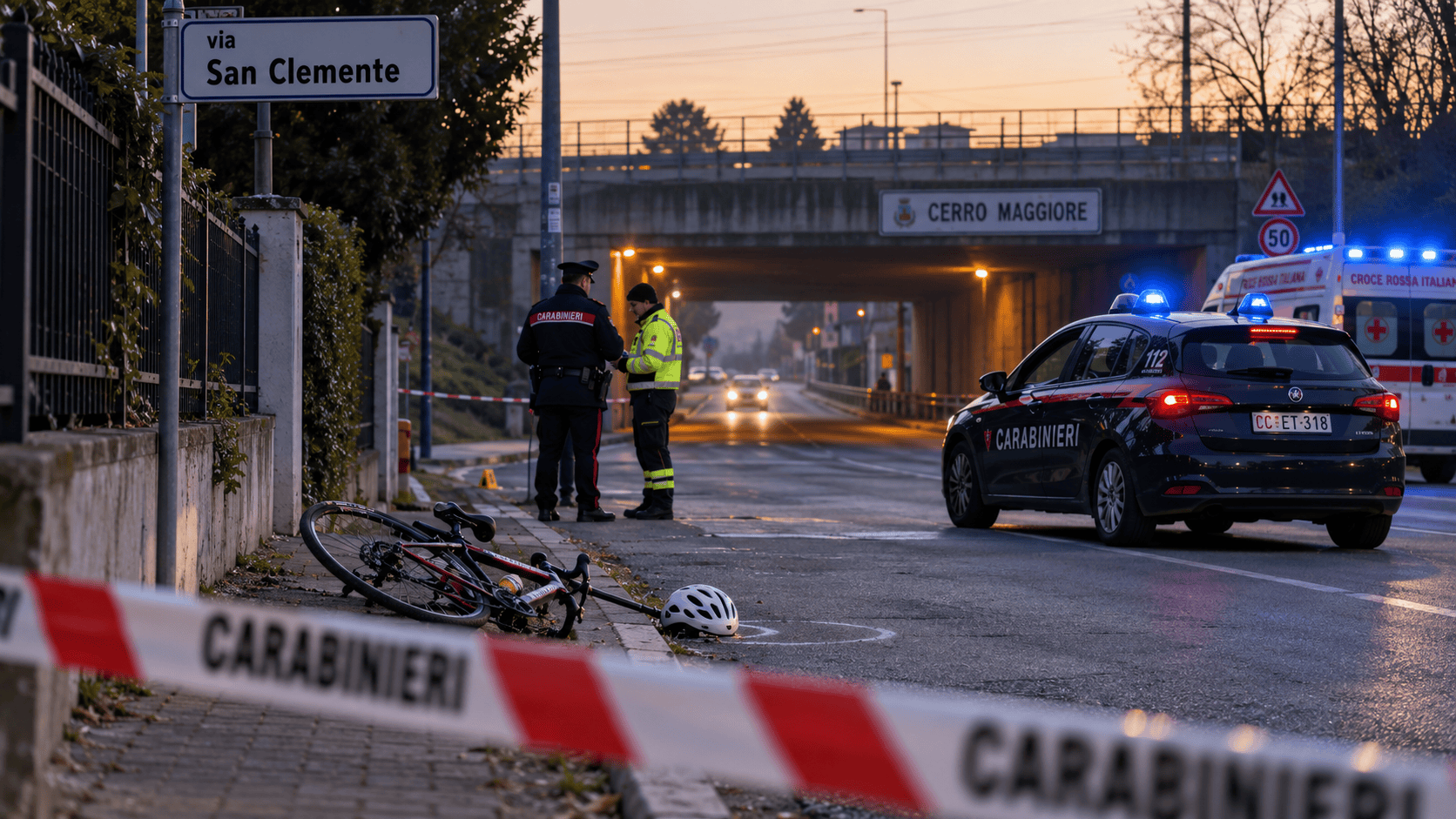 Illustrazione AI di rilievi dei carabinieri vicino a una bicicletta sotto un cavalcavia