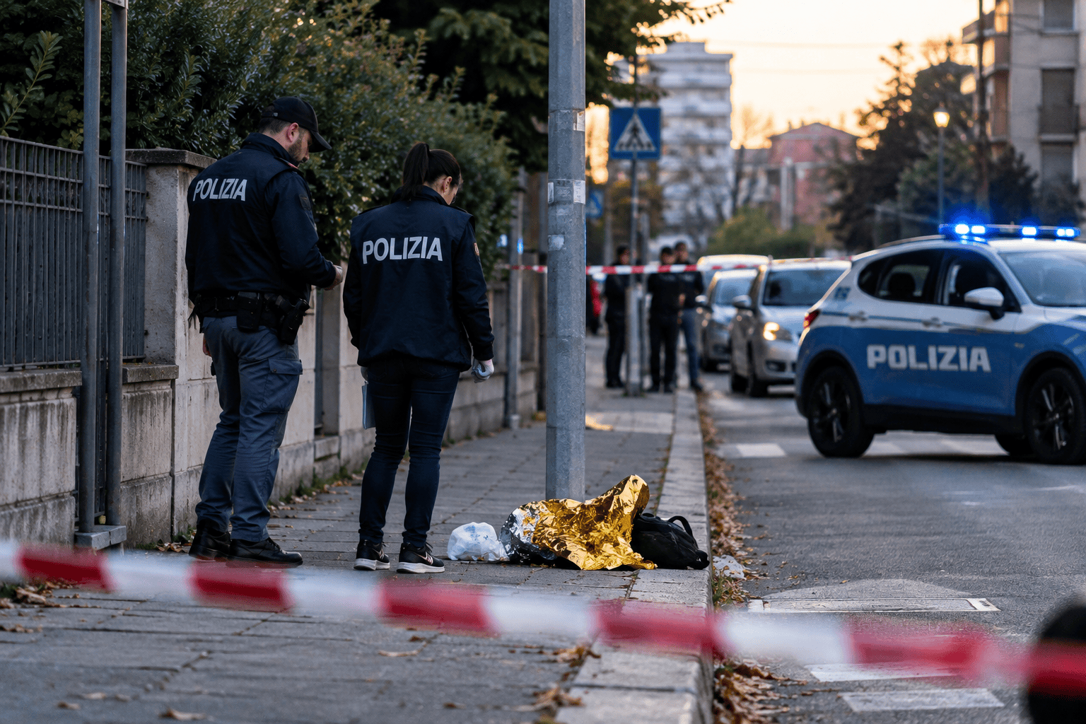 Agenti della Polizia impegnati in accertamenti stradali al tramonto